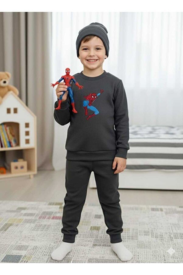 JOJOBAMBİNO Örümcek Adam Nakışlı Erkek Çocuk Bebek Kaşkorse Fitilli Bereli 3'lü Alt Üst Takım Günlük Kreş