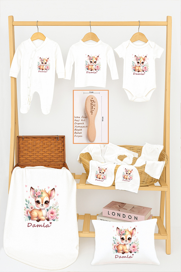 Sitilin Kız Bebek %100 Pamuk Baskılı İsimli Organik Yenidoğan Hastane Çıkışı İsme Özel Fırça Hediyelik Set