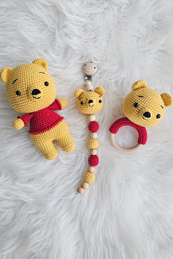 kelebeginruyasihobievi Amigurumi Uyku Arkadaşı Sevimli Winnie The Pooh, Çıngırak ve Emzik Zinciri 3'lü Set