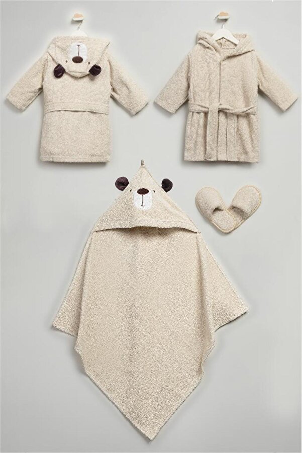 Bebitof Sevimli Ayı Desenli Pamuk Bebek Bornoz Seti %100 Pamuk Kutulu 0-24 Ay