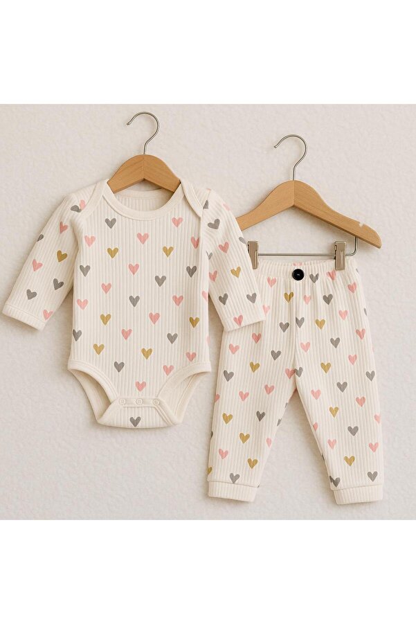 EFU BABY 2li Kalp Desenli %100 Pamuklu Raporlu Kız Bebek Body Pantolon Takım