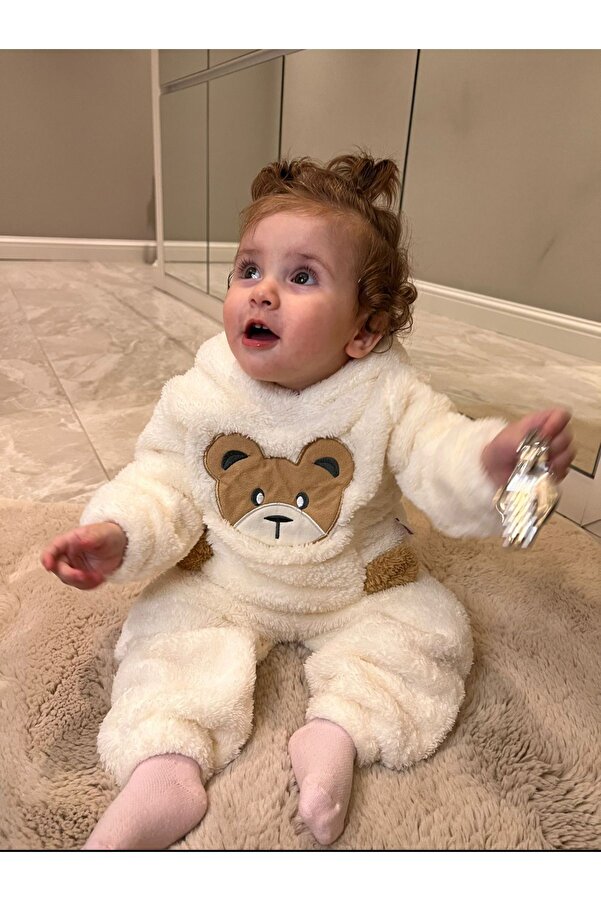 BT Baby Kışlık Ayıcık Desenli Welsoft Lüx Bebek Takımı Peluş Cepli Kapüşonlu