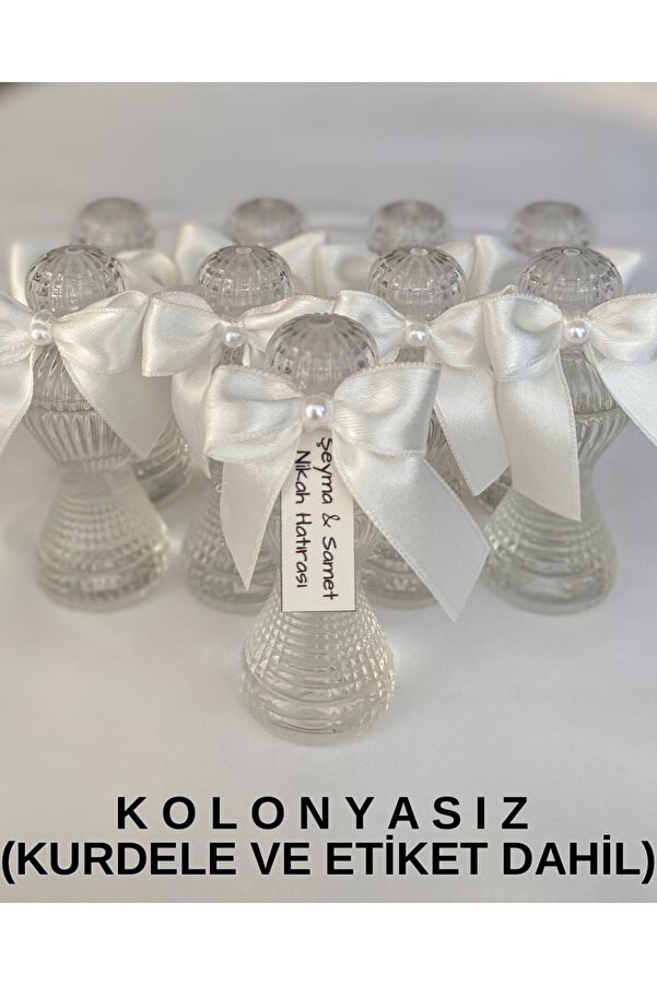 MayaArtDesign (40 ADET) Beyaz Saten Kurdeleli-Etiketli Boş Kolonya Şişesi (Mika Plastik | 50ml)