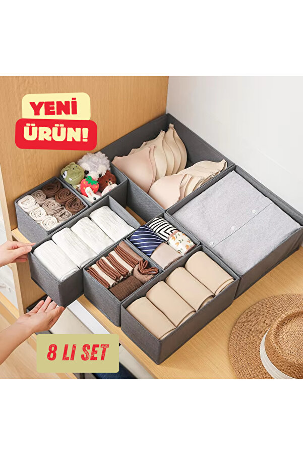 Textia Home 8'li Çekmece Dolap Içi Düzenleyici Kutu Raf Set Bebek Eşyası Çocuk Odası Banyo Organizer/GRİ