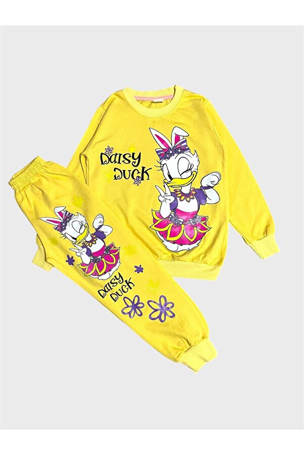 tusem butik homewear Kız Çocuk Pamuklu Sarı Sevimli Ördek Desenli Uzun Kollu Mevsimlik Pijama Takımı