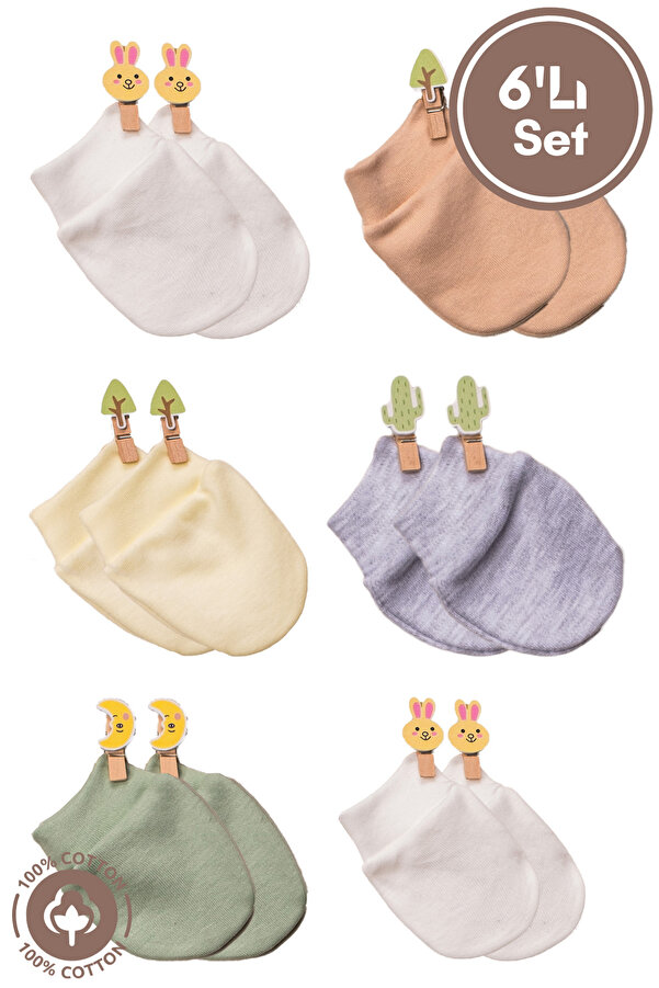 Miniel Unisex Bebek Yenidoğan Penye Organik Pamuklu Bebek Eldiveni 6 Çift Set