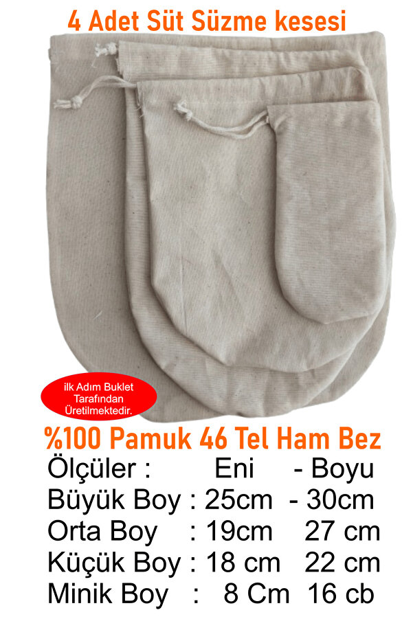 ilkadimbuklet 4 Adet Farklı Boylarda Organik Pamuk Süzme Kesesi Süt Bezi Çok Amaçlı Kese Süt Bezi Yoğurt Peynir
