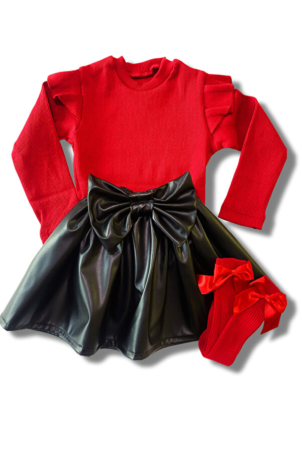 özge başaran Kız Bebek Çocuk Deri Etek Omuz Fırfırlı Kırmızı Badi Fiyonklu Çorap Seti