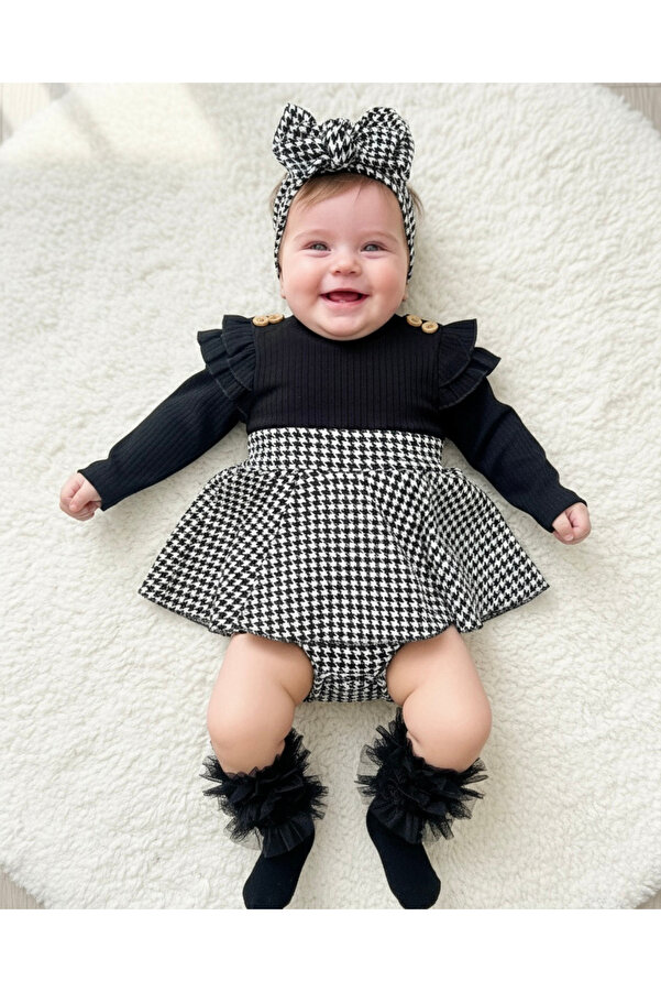 Jammybaby Kazayağı Desenli Elbise ve Bandana Set Omuz Fırfır Detaylı %100 Pamuk Kaşkorse Kız Bebek Takım