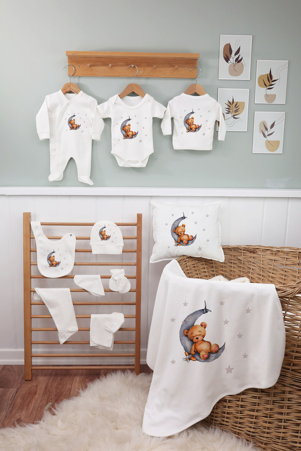 bebeqon 11 Parça Sevimli Baskılı Yenidoğan Hastane Çıkışı Seti %100 Pamuk