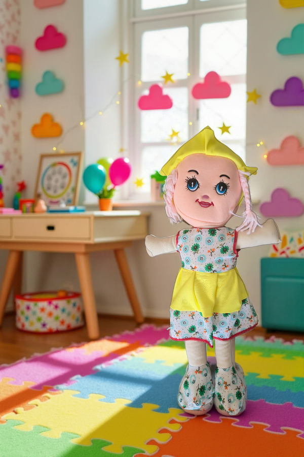 Foto Yiğit Kız Çocuk Oyuncak Bebekler Sarı Elbiseli 50cm Oyuncak Bez Bebek Çok Renkll Eğitici Oyuncak Bebek