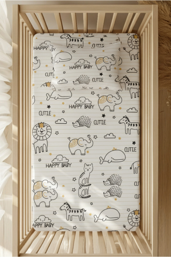 pistore %100 Pamuk Ranforce Lastikli Çarşaf Seti - Sevimli Hayvanlar Çizgi Desenli Park Yatak 70x120 35x45