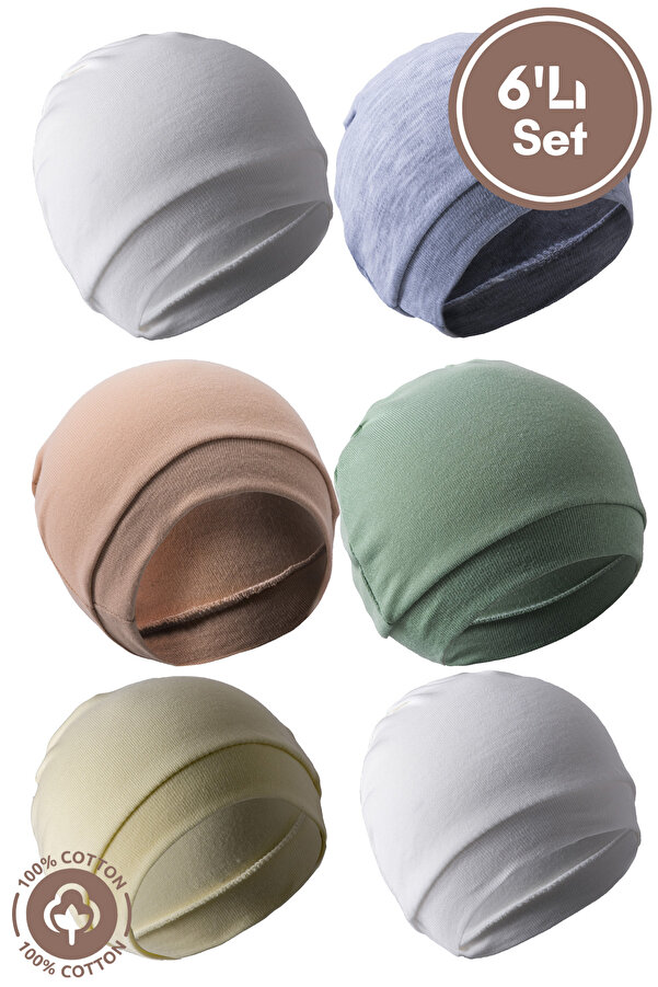 Miniel Unisex Bebek Penye Organik Pamuklu Yenidoğan 6Lı Bebek Renkli Bere Set