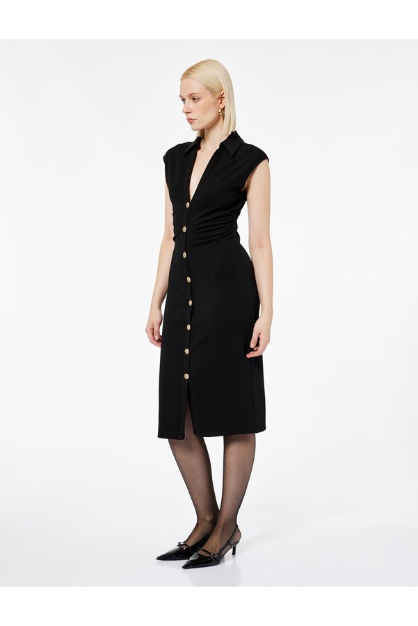 Koton Drapeli V-Neck Midi Length Buttoned Sleeveless Shirt Dress