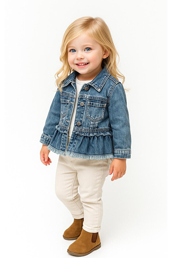 Overdo Kız Çocuk 1-4 Yaş Sırt Detaylı Mavi Kot Ceket