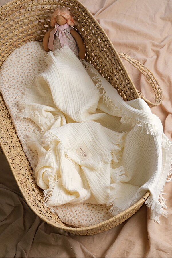 Bondberro Müslin Örtü & Battaniye 4 Katlı Saçaklı %100 Pamuk Organik Oeko-teks Sertifikalı 120X100 Cm Krem