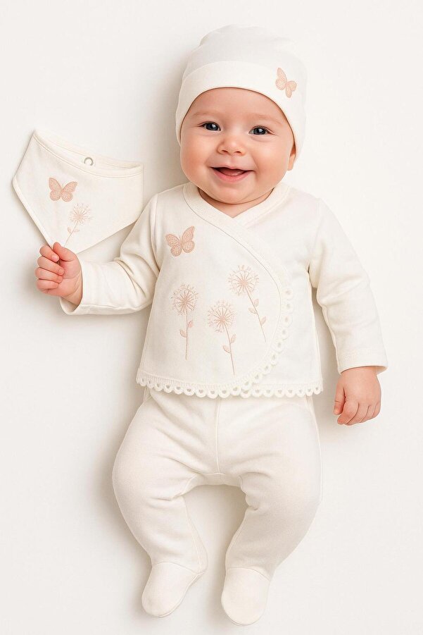BYS BABY FASHION %100 Pamuklu Kelebek Desenli 5 Parça Yenidoğan Kız Bebek Hastane Çıkış Seti (Kutulu )