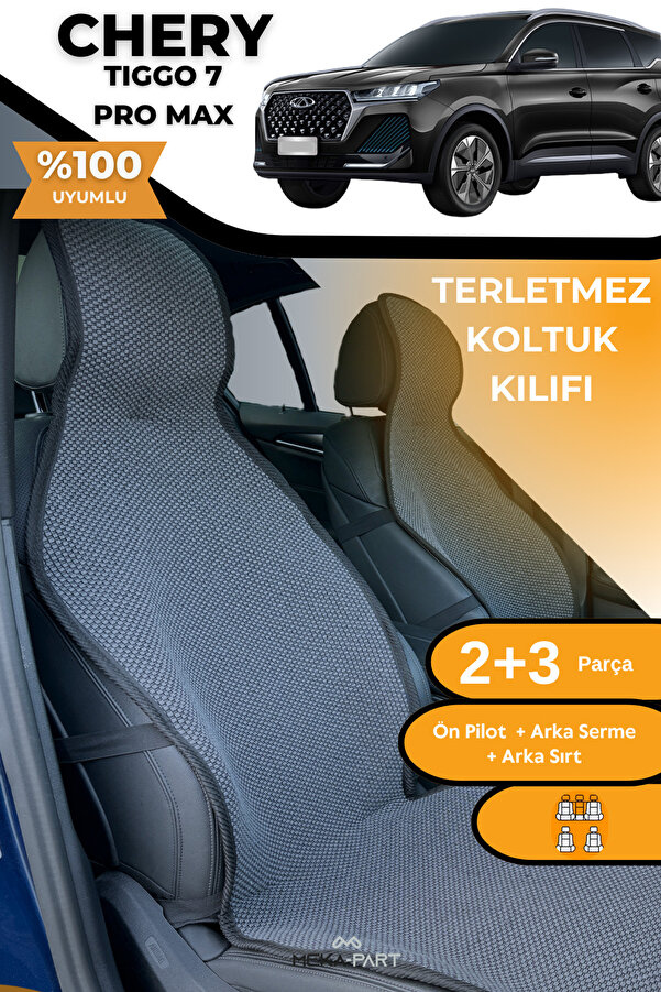 TREND Terletmez Oto Koltuk Koruyucu Kılıf %100 Pamuk 5 li Tam Set Füme Chery Tiggo 7