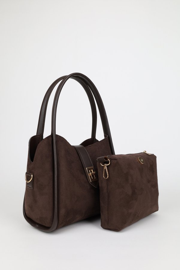 NOTHING Women's Suede Brown Lock Detail Three-Compartment Hand and Shoulder Bag with Removable Makeup Bag Lemina