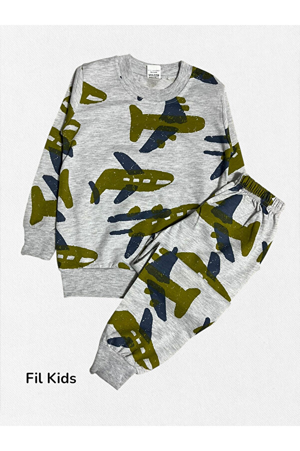Fil Kids Erkek Çocuk Pamuklu Kumaş Gri Renk Uçak Desenli Uzun Kollu Şardonlu Kışlık Pijama Takımı