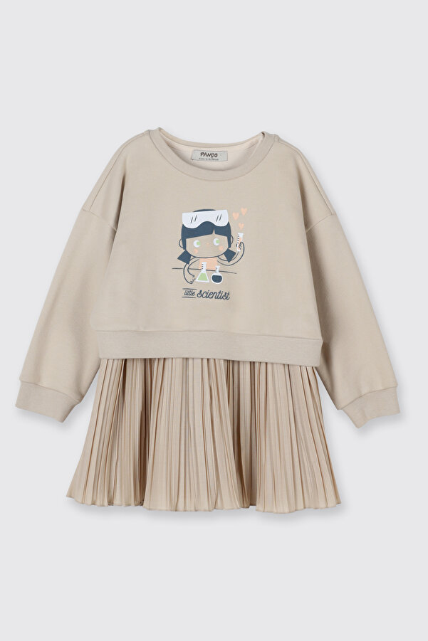 Panço Kız Bebek Baskılı İç Elbiseli 2 Parça Örme Bej Elbise