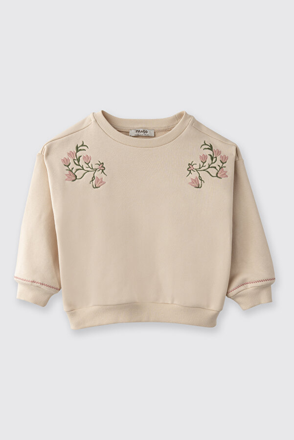 Panço Kız Bebek Nakış Detaylı Yumuşak Dokulu Bej Sweatshirt