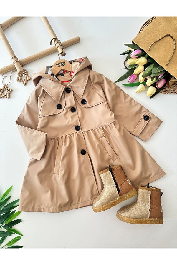 Minigimin Cicileri Miniğimin Cicileri Astarlı Kapüşonlu Kız Çocuk Bondip Trenç - Camel