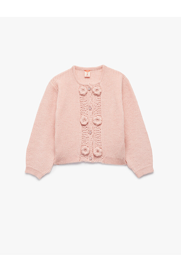 Koton Aplike Gül Detaylı Uzun Kollu Bisiklet Yaka Düğmeli Triko Hırka