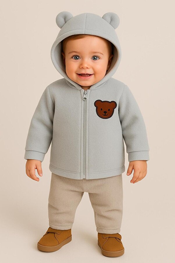 nevrankids Unisex Mont Bebek Welsoft Ayı Kulaklı Fermuarlı - Gri