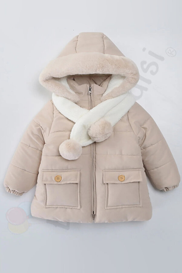 Bebek Vadisi Atkı Kapüşonlu Cepli İçi Peluş Kürklü Fermuarlı Kapitone Kar Şişme Kışlık Kız Bebek Mont Çocuk Kaban