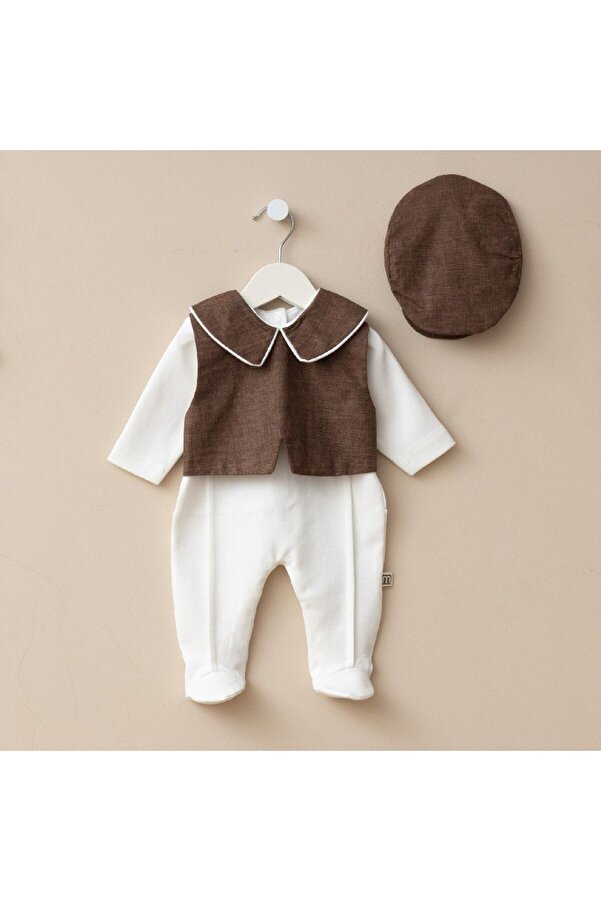 Minimus Yenidoğan Erkek Bebek Özel Gün Tulum Takımı Şapkalı, Pamuklu, Yelekli 3’lü Set Hastane Çıkışı Takımı