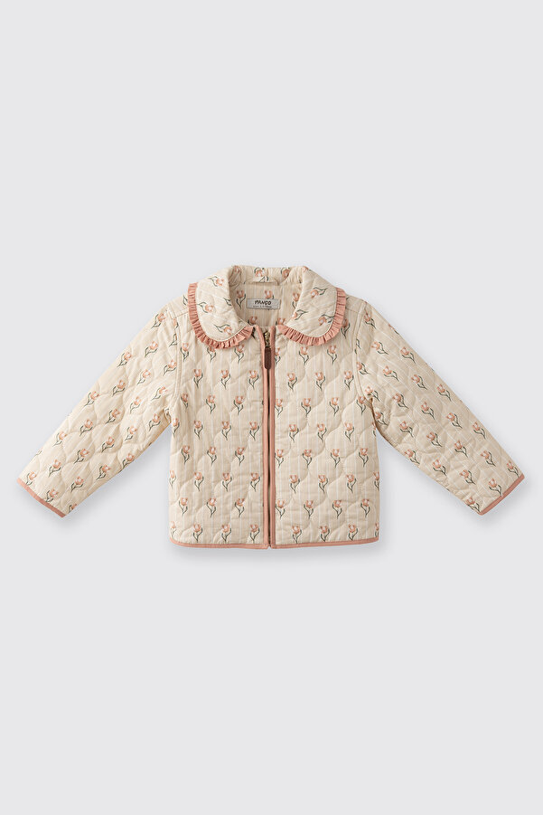 Panço Kız Bebek Yaka Ucu Fırfırlı Desenli Kapitone Bej Ceket