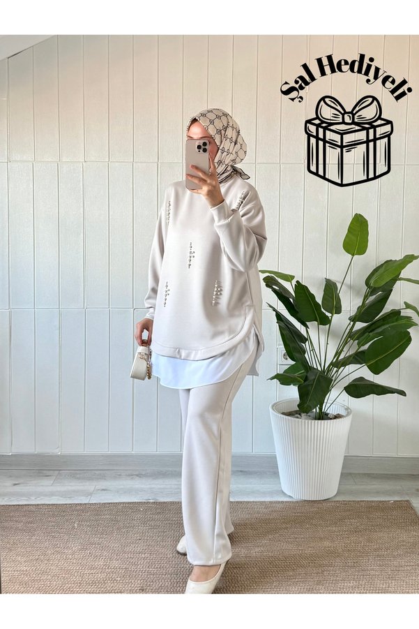 Mira İpek Double Premium Fabric Pearl Suit Hijab Double Suit Double Face Fabric Shawl with Gift
