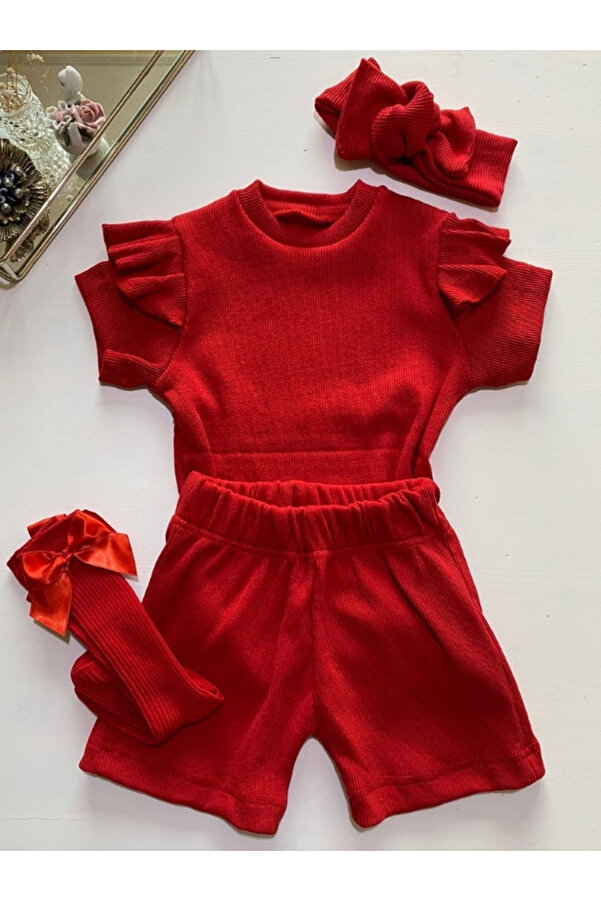 özge başaran Kırmızı Şort & Tişört, Fiyonklu Kırmızı Çorap Fitilli Kumaş Kız Çocuk ve Bebek 3'lü Giyim Seti