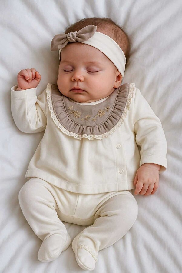 Baharda Nova %100 Pamuk Yenidoğan Saç Bantlı Kız Bebek Alt Üst Takım / 0-3 Ay Hastane Çıkışı