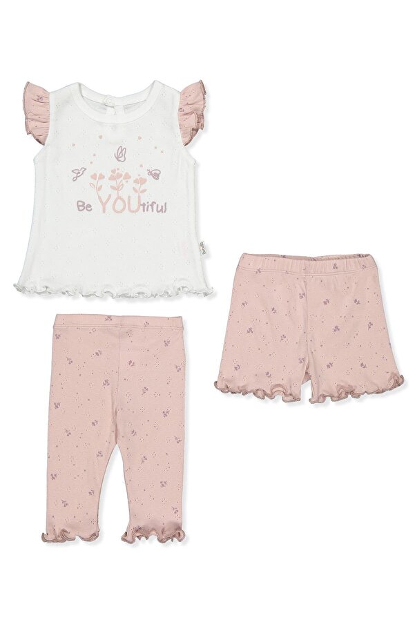 Bebetto AJURLU PATİKSİZ PİJAMA TAKIMI 3LÜ (NATURE) PUDRA