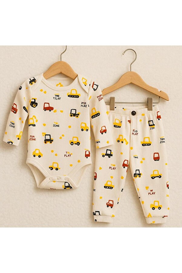 EFU BABY 2li Kepçe Desenli %100 Pamuklu Erkek Bebek Body Pantolon Takım