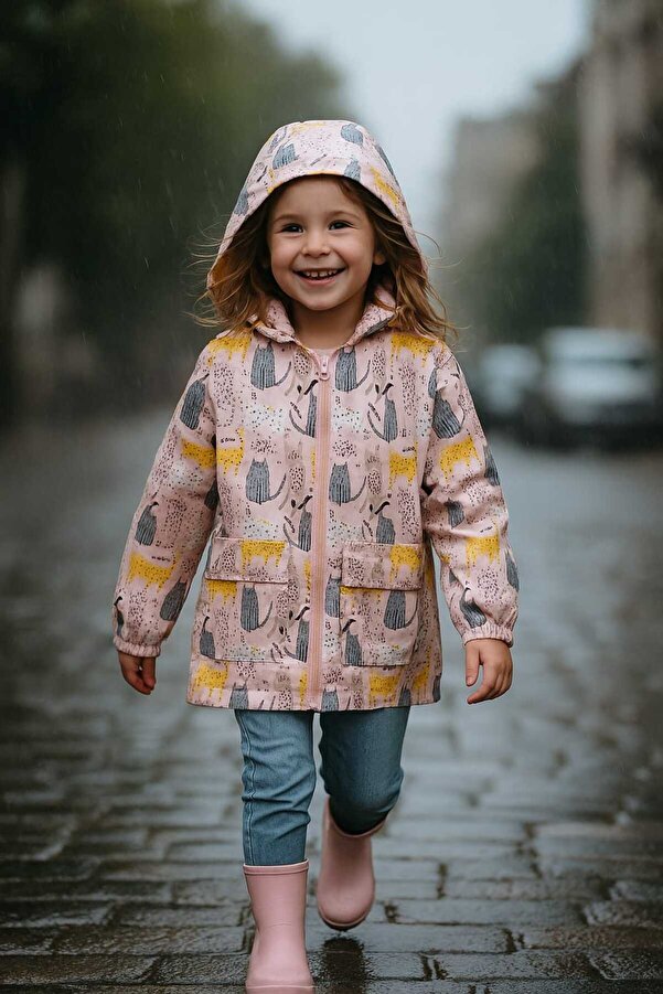 kidsense Sevimli Kedi Desenli Kız Çocuk Yağmurluk