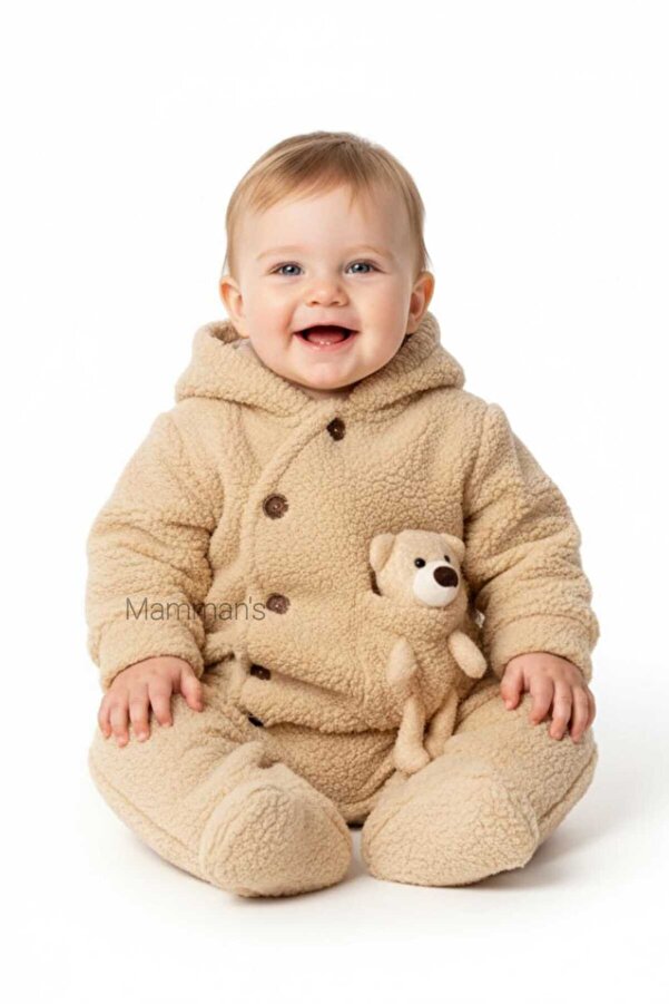 Mamman's Kışlık, Kalın Peluş, Kapüşonlu, Oyuncak Ayılı Fermuarlı Patikli Unisex, Kız Erkek Bebek Tulumu