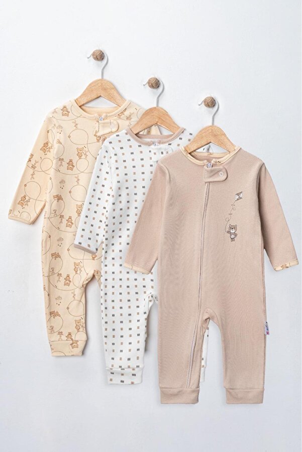 ENİA BABY Erkek Bebek Baskılı Pamuklu Manşetli 3lü Tulum Renkli Desenli 9-12-18 Ay Bebek Kıyafeti