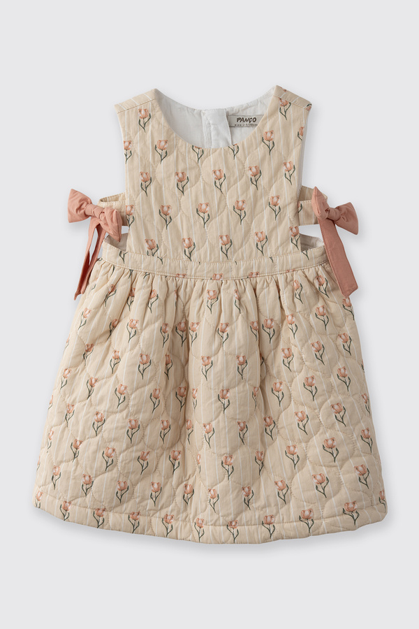 Panço Kız Çocuk Lale Desenli Fiyonk Detaylı Kapitone Ekru Elbise