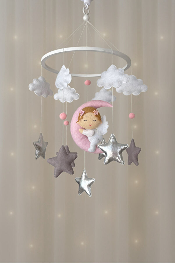 SefDen Lazer Kesim Atölyesi El Yapımı Müzikli Bebek Beşik Dönencesi | Pembe Ay Üzerinde Uyuyan Melek ve Yıldızlar