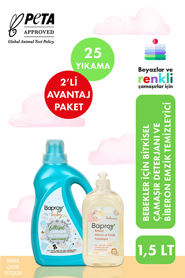 Baproy %100 Doğal Bebekler Için Bitkisel Çamaşır Deterjanı 1 Lt Bitkisel Biberon Emzik Temizleyici 500 ml