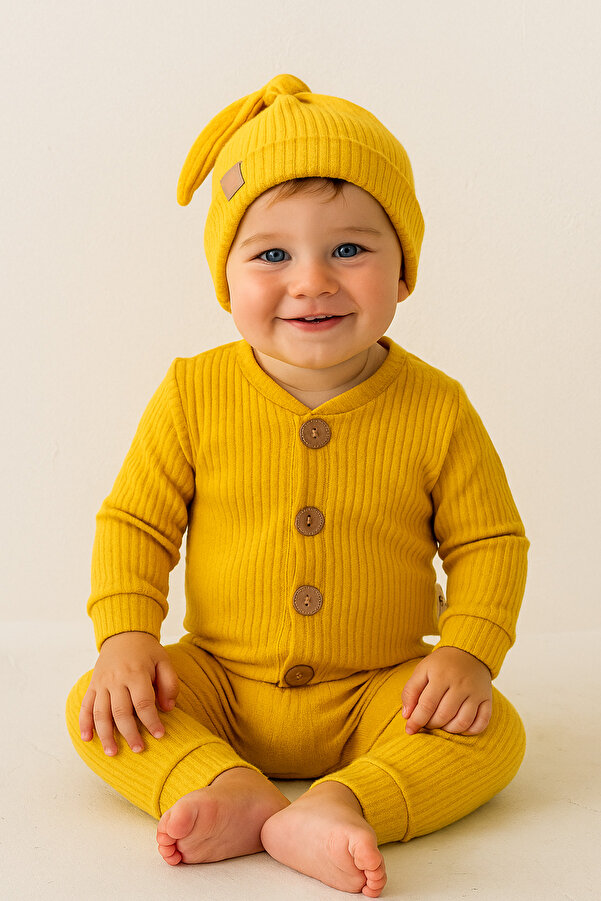 ADABEBEK %100 Pamuk Ahşap Düğmeli Fitilli Tarz Şapkalı Bebek Tulum