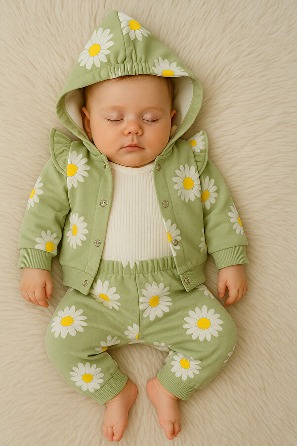 Linda Harris Daisy Pattern Açık Yeşil Kapüşonlu Bodyli 3’lü Yenidoğan Bebek Takımı