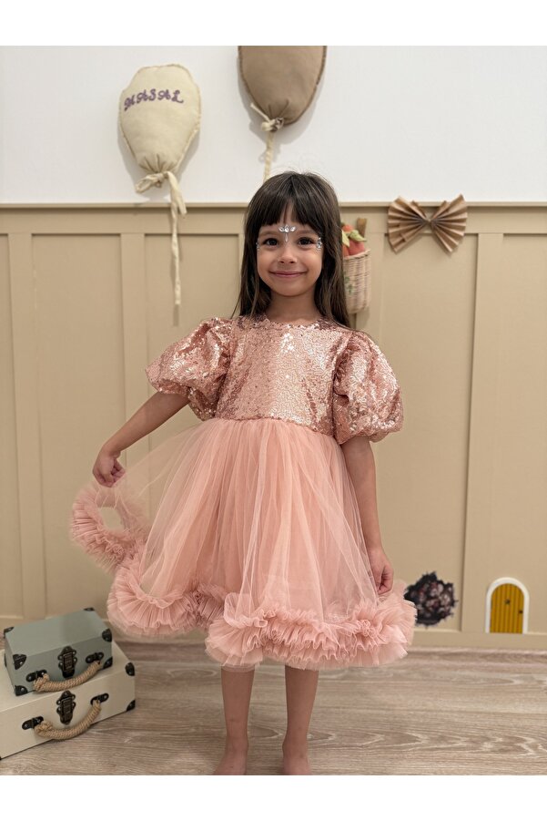 penu baby kids Pudra Payetli Balon Kol Grenli Tül Etekli Kız Çocuk Kız Bebek Abiye Elbise - Terra