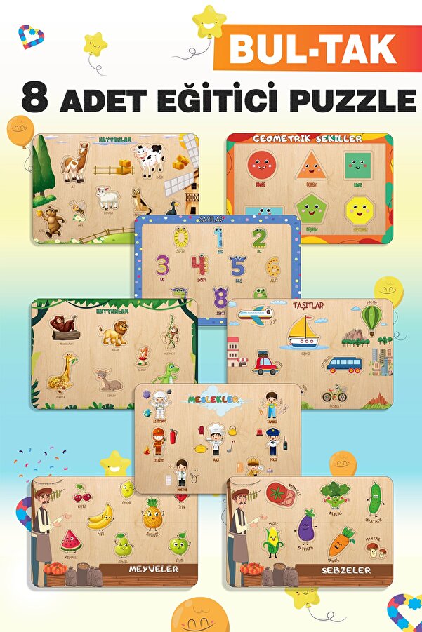 esatoys Ahşap Türkçe 8’li Mega Set Eğitici-Öğretici Yapboz