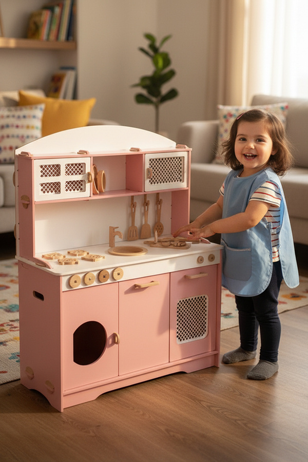 HOBBY HOUSE Hazeranlı Elizya Pembesi Servis Seti ve Led Işık Hediyeli Oyuncak Montessori Çocuk Mutfak Seti