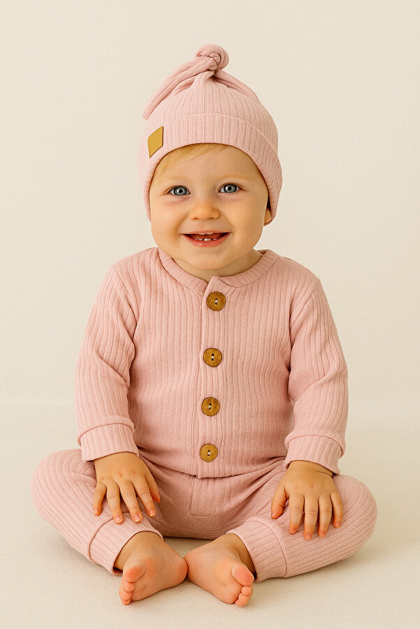 ADABEBEK %100 Pamuk Ahşap Düğmeli Fitilli Şapkalı Bebek Tulum