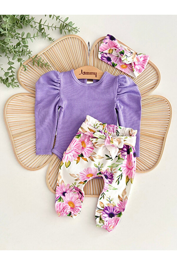 Jammybaby Juana Balon Kol Body Kemerli Pantolon Bandana %100 Pamuk Kız Bebek Dijital Çiçek Tasarım Lüks Takım
